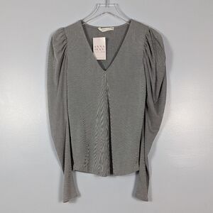 Mustard Seed Ruched Long Sleeve Blouse Gray White Striped Small